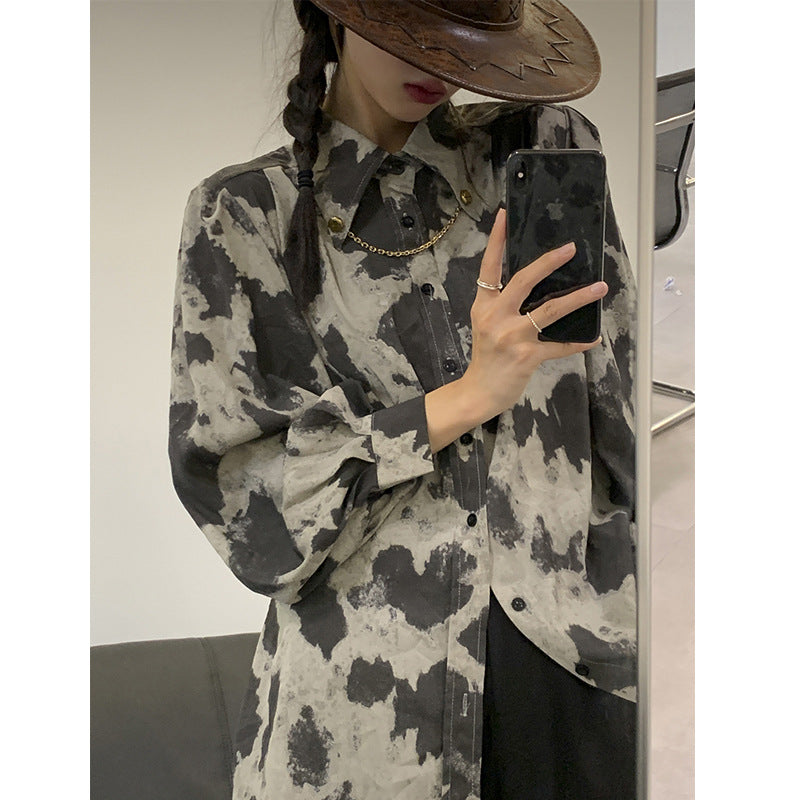 Blouse à manches longues noire, grise, à blocs de couleur léopard, chemise boutonnée avec chaîne, simple boutonnage, chemisier ample pour femmes