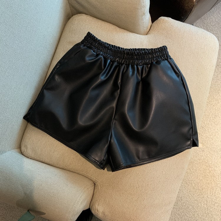 Short en similicuir taille haute pour femme, coupe ample, décontracté avec fente