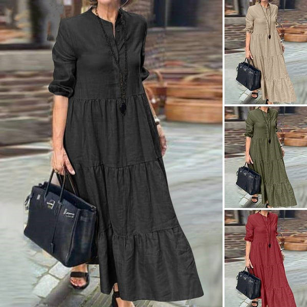 Robe longue décontractée ample à revers en coton et lin de couleur unie à large ourlet pour femme