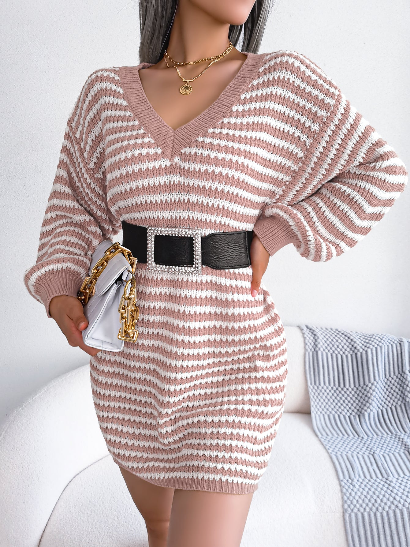 Robe en maille rayée à lacets pour femme