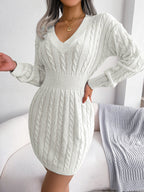 Robe en tricot à manches longues et col en V de couleur unie, style mode, cintrée, robe de hanche, vêtements pour femmes