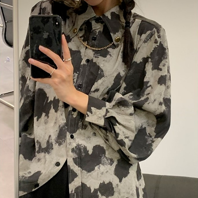 Blouse à manches longues noire, grise, à blocs de couleur léopard, chemise boutonnée avec chaîne, simple boutonnage, chemisier ample pour femmes