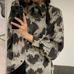 Blouse à manches longues noire, grise, à blocs de couleur léopard, chemise boutonnée avec chaîne, simple boutonnage, chemisier ample pour femmes