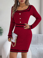 Robe Pull Élégante Col Carré Boutonnée Manches Longues