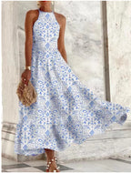 Robe longue confortable sans manches pour femme, à motif porcelaine bleue et blanche