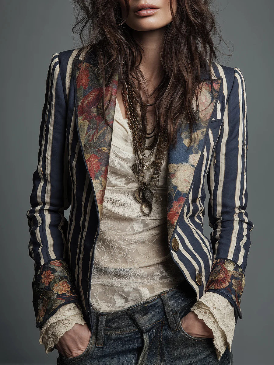 Blazer Bohème Rayé et Color-Block pour Femme