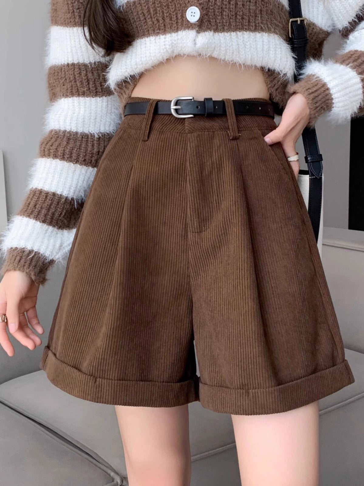 Shorts En Velours Côtelé Marron Tendance Pour Femmes