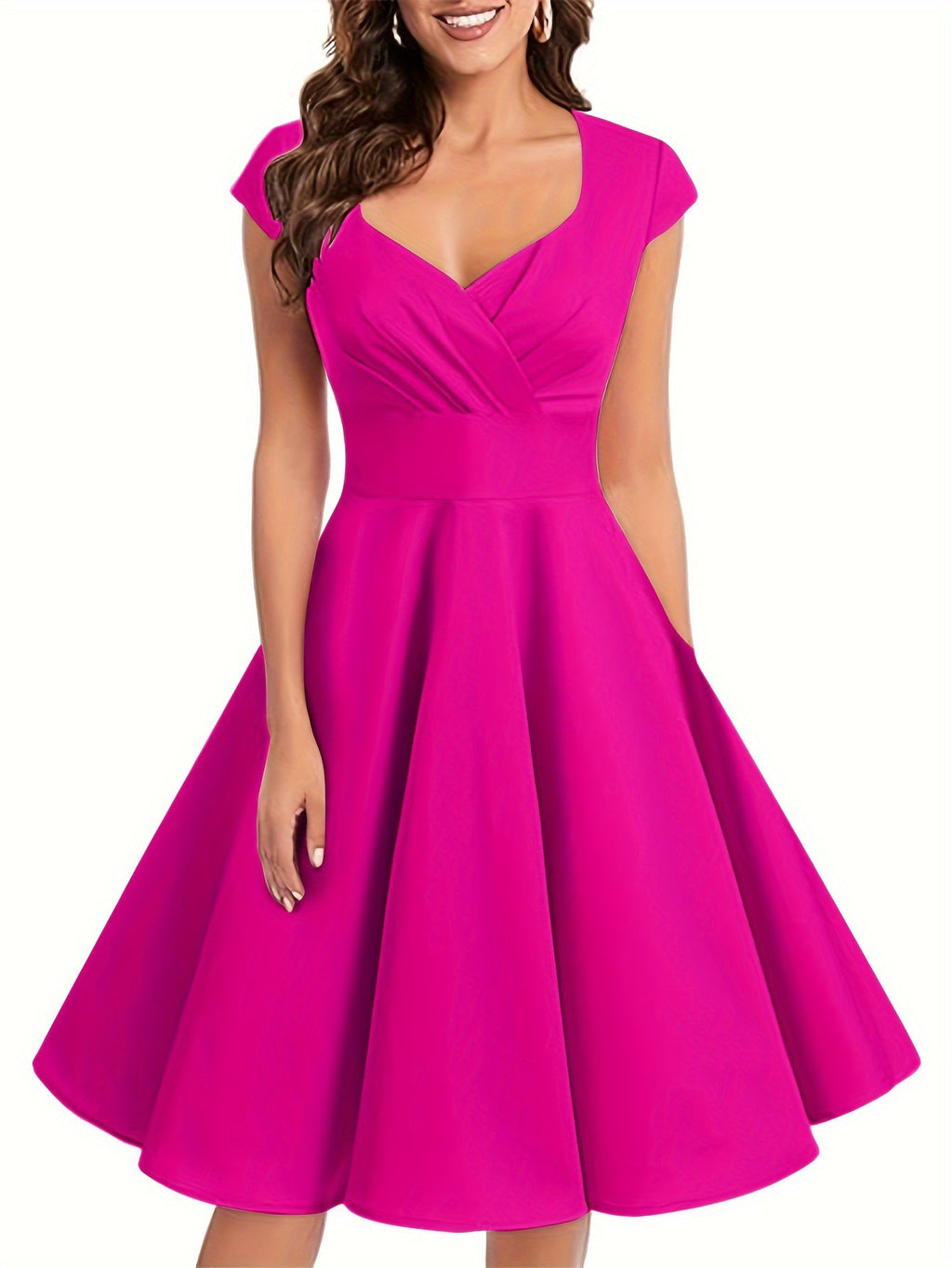 Robe mi-longue rétro pour femme, à col en V et manches mi-longues