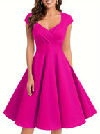 Robe mi-longue rétro pour femme, à col en V et manches mi-longues
