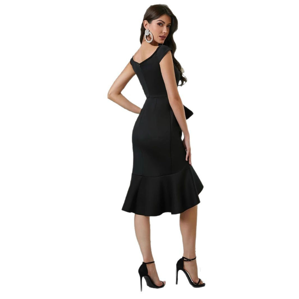 Robe femme à épaules dénudées, col en V, volants, taille plissée et fente