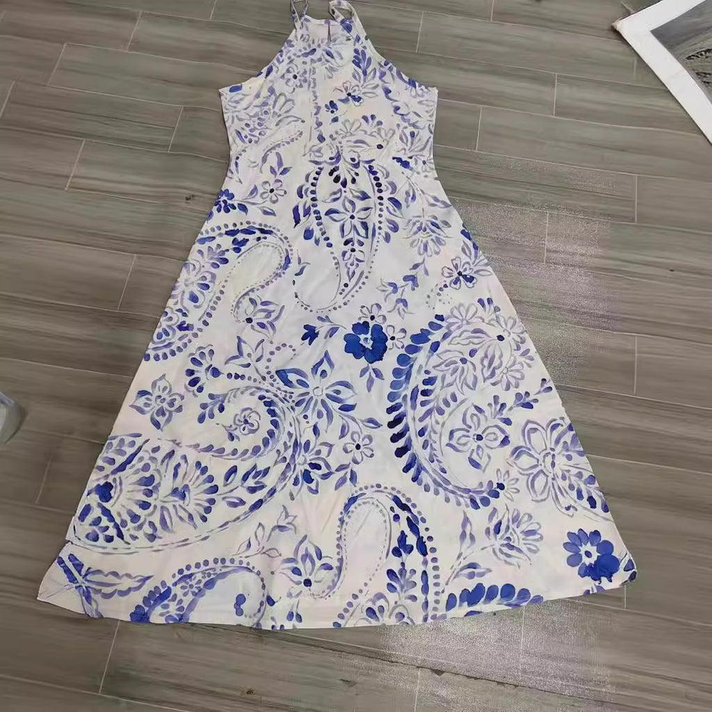 Robe longue confortable sans manches pour femme, à motif porcelaine bleue et blanche