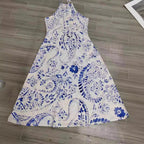 Robe longue confortable sans manches pour femme, à motif porcelaine bleue et blanche