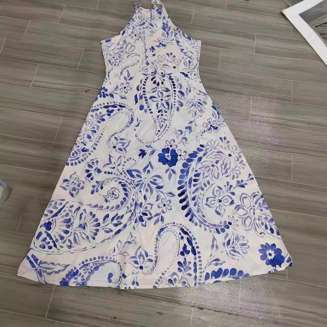 Robe longue confortable sans manches pour femme, à motif porcelaine bleue et blanche Main Image