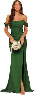 Robe de bal corset en satin épaules dénudées pour demoiselle d'honneur