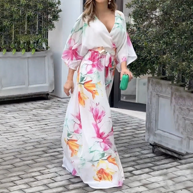 Robe ample à manches chauve-souris et imprimé en dentelle pour femme Main Image
