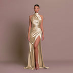 Robe longue satinée asymétrique à une épaule pour femme