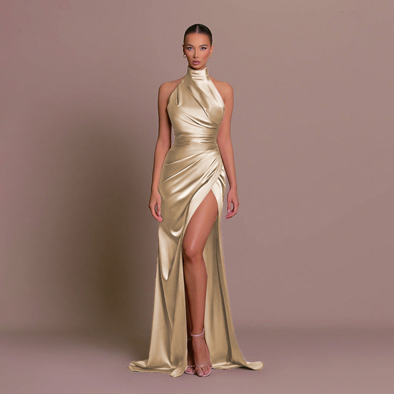 Robe longue satinée asymétrique à une épaule pour femme
