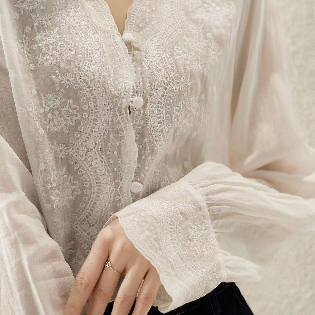Chemise femme en coton et lin à col en V, style rétro, à porter seule ou en superposition