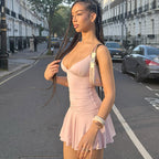 Robe Courte Sexy à Bretelles et Col en V Style Y2K Slim et Volants pour Femmes