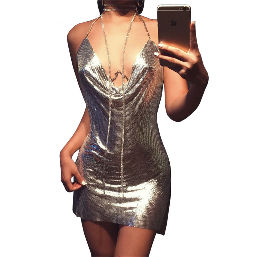 Robe Métallisée à Paillettes et Strass Femme