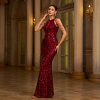 Robe Fourreau Longue Élégante sans Manches Col Rond Paillettes Coupe Slim Sirène pour Banquet
