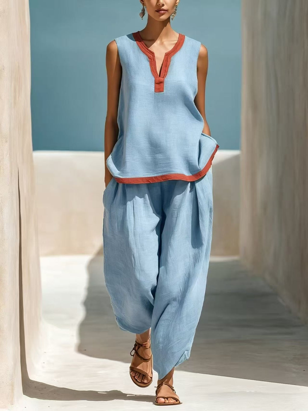 Ensemble Femme Chic en Coton-Lin Deux Pièces Pantalon Large et Haut Color-Block Contraste pour l'Été