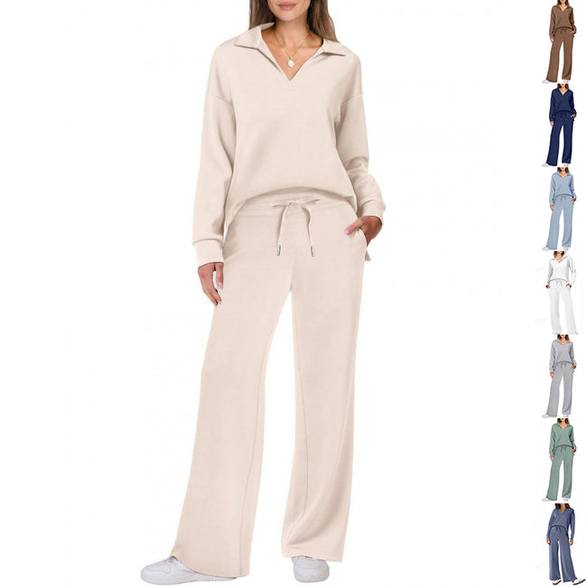 Survêtement de sport pour femme, col en V, pull à manches longues et pantalon décontracté coupe droite à cordon de serrage, ensemble uni. Hover Image