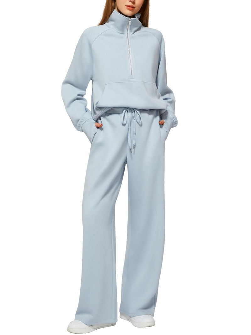 Ensemble de survêtement deux pièces pantalon et sweat-shirt zippé à manches longues de couleur unie