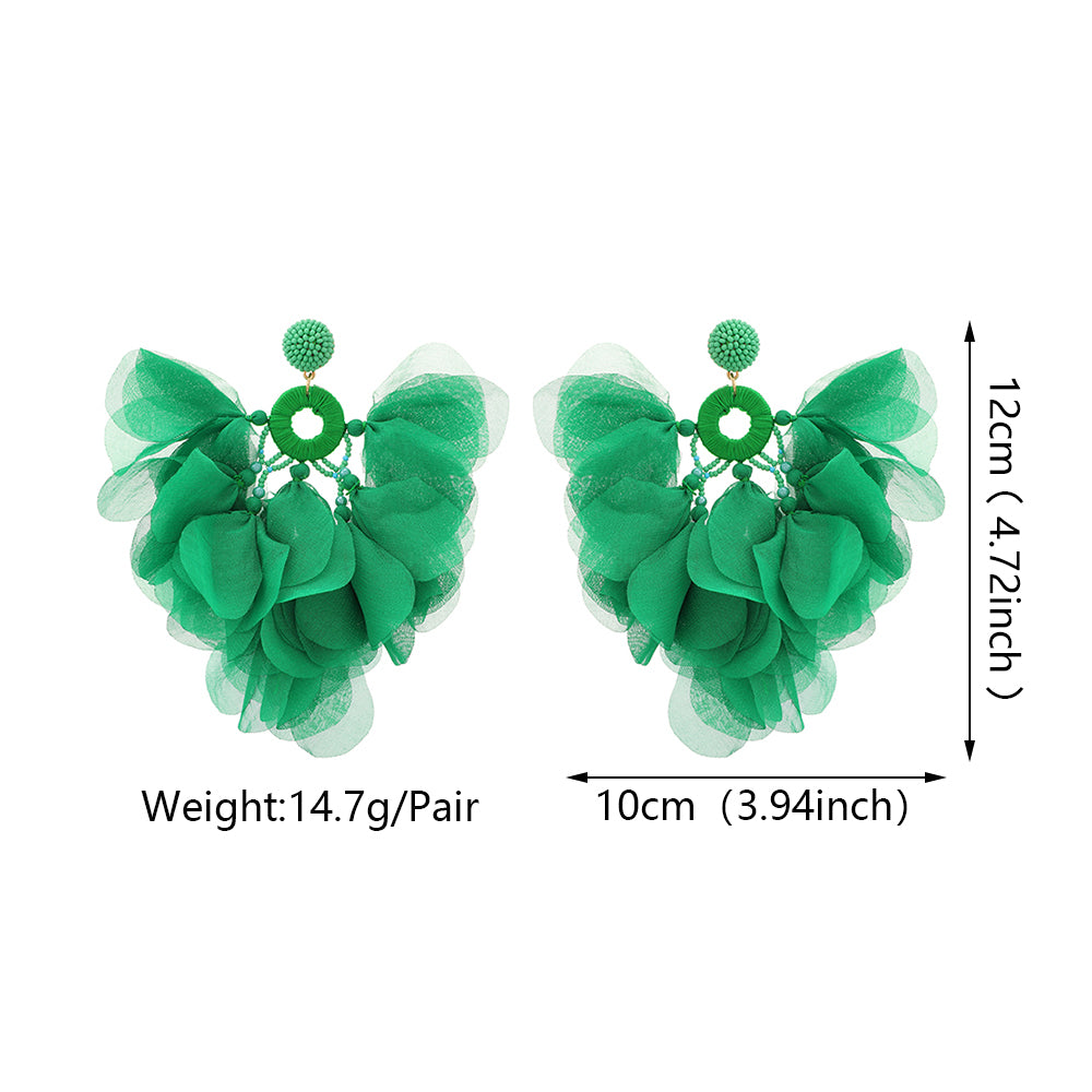 Boucles d'oreilles pendantes bohèmes faites à la main avec perles et fleurs en mousseline pour femmes, bijoux fantaisie pour vacances tropicales