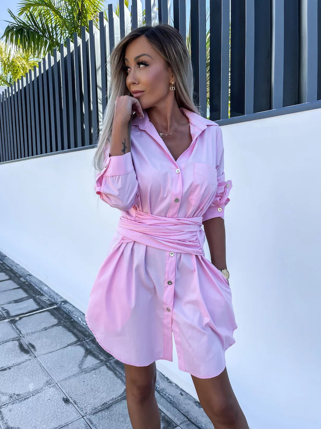 Robe chemise femme à manches retroussées multicolore