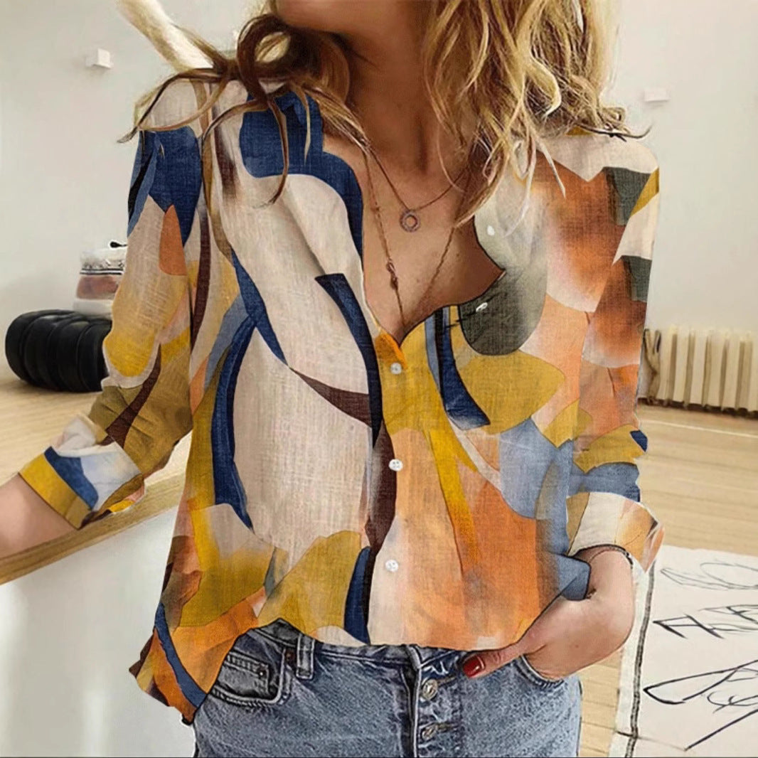 Chemise ample à manches longues lanternes et imprimé numérique pour femmes