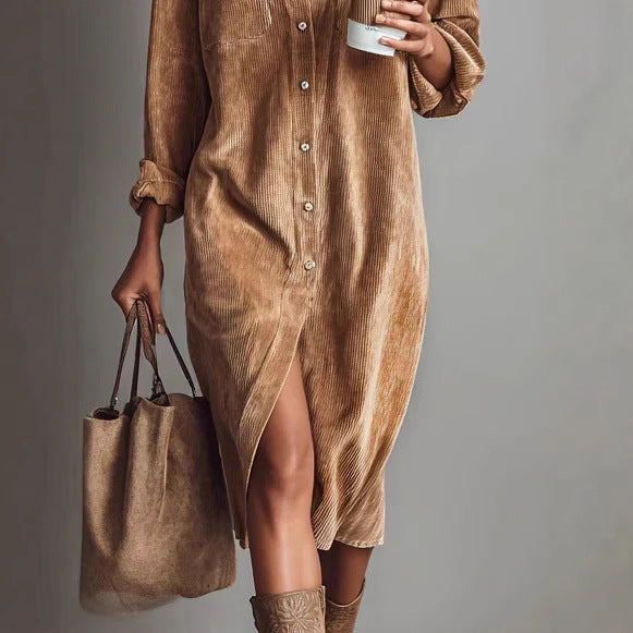 Robe Décontractée Chic à Col Rabattu et Boutons, Robe de Soirée Simple Unie pour Femmes Printemps Automne, Robe Longue à Manches pour Dames en Vacances