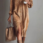 Robe Décontractée Chic à Col Rabattu et Boutons, Robe de Soirée Simple Unie pour Femmes Printemps Automne, Robe Longue à Manches pour Dames en Vacances