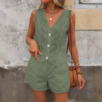 Ensemble short décontracté femme, gilet uni col V et boutonnage