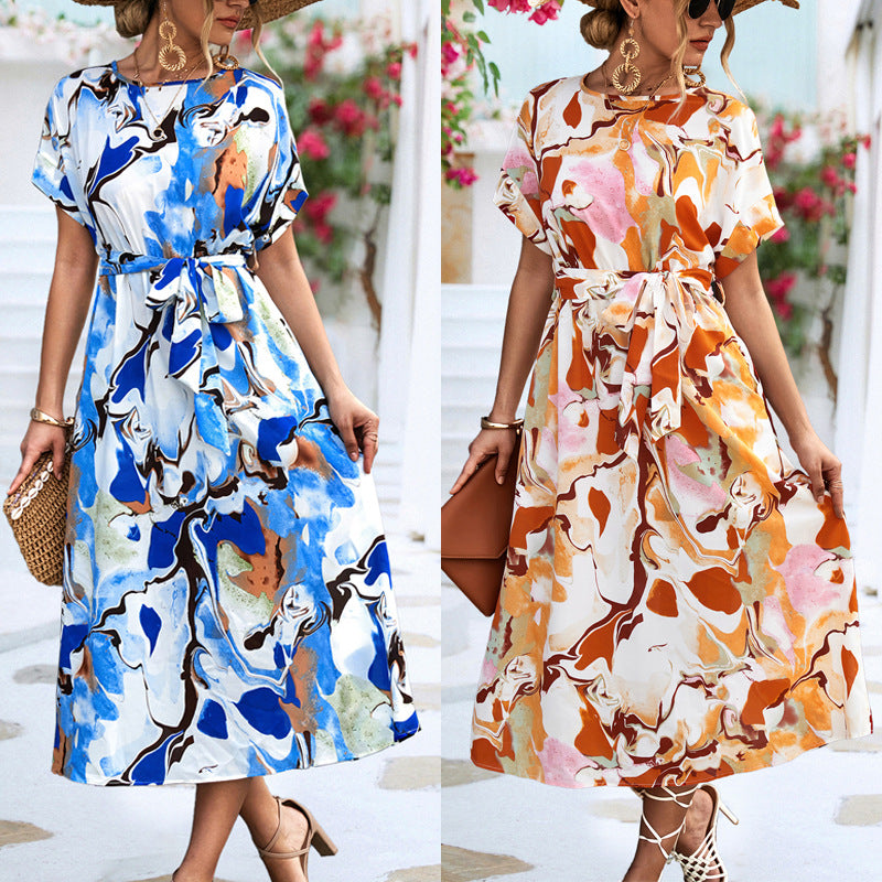 Robe d'été imprimée à manches courtes, ample, à lacets, de coupe trapèze, longue, à la mode, décontractée, pour la plage, pour femmes