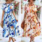 Robe d'été imprimée à manches courtes, ample, à lacets, de coupe trapèze, longue, à la mode, décontractée, pour la plage, pour femmes