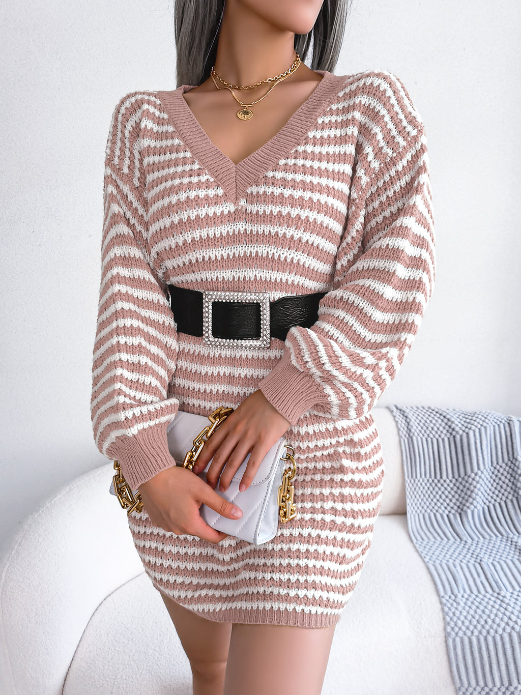 Robe en maille rayée à lacets pour femme