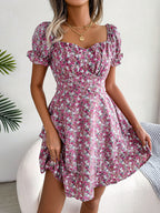 Robe Courte Femme Mini Robe Tempérament Grand Balançoire Ourlet Ample Imprimé Floral Robe Froncée Manches Courtes Taille Haute Robe D'Été Vêtements