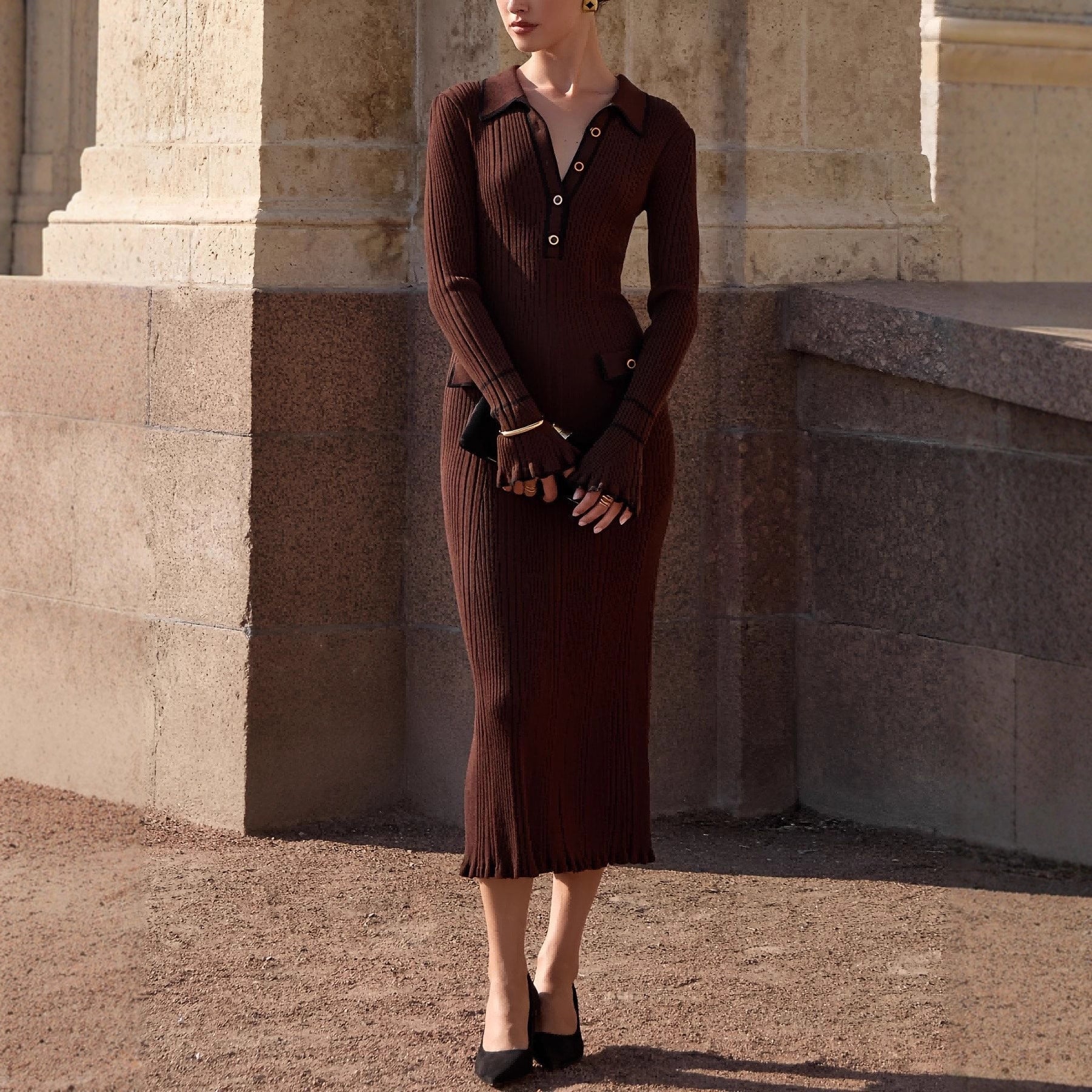 Robe moulante en maille contrastée, style français, pour femme