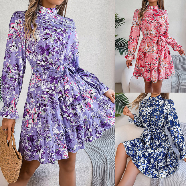 Robes longues à imprimé floral à col montant et manches longues contrôlées à la taille, avec ourlet à volants pour femmes, collection printemps automne Hover Image