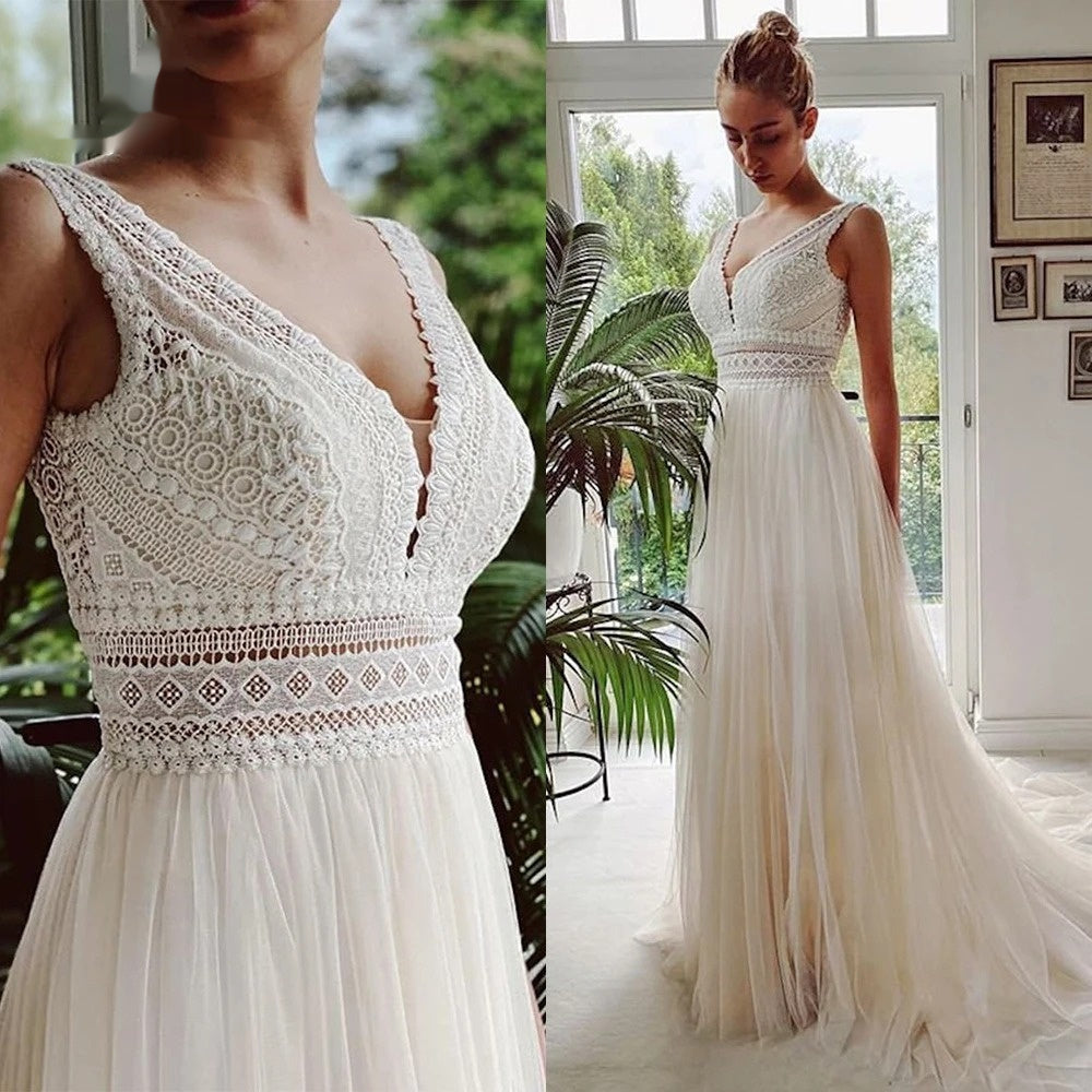 Robe de mariée en dentelle transparente, cintrée, en maille, pour la plage ou l'extérieur