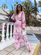 Robe longue élégante à col en V creux pour femme, robe longue à manches longues avec imprimé pour le printemps et l'été, robe à manches longues à col en V.