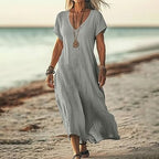 Robe ample unie en coton et lin à col en V