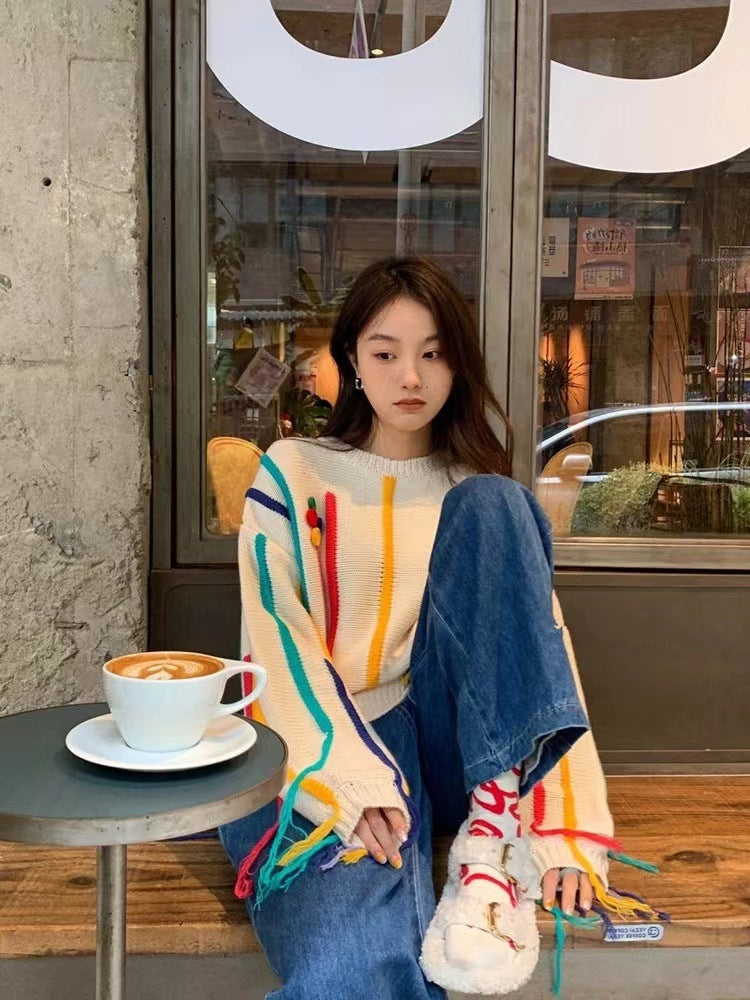 Pull Frangé Tricot Rayé Coloré Pour Femme
