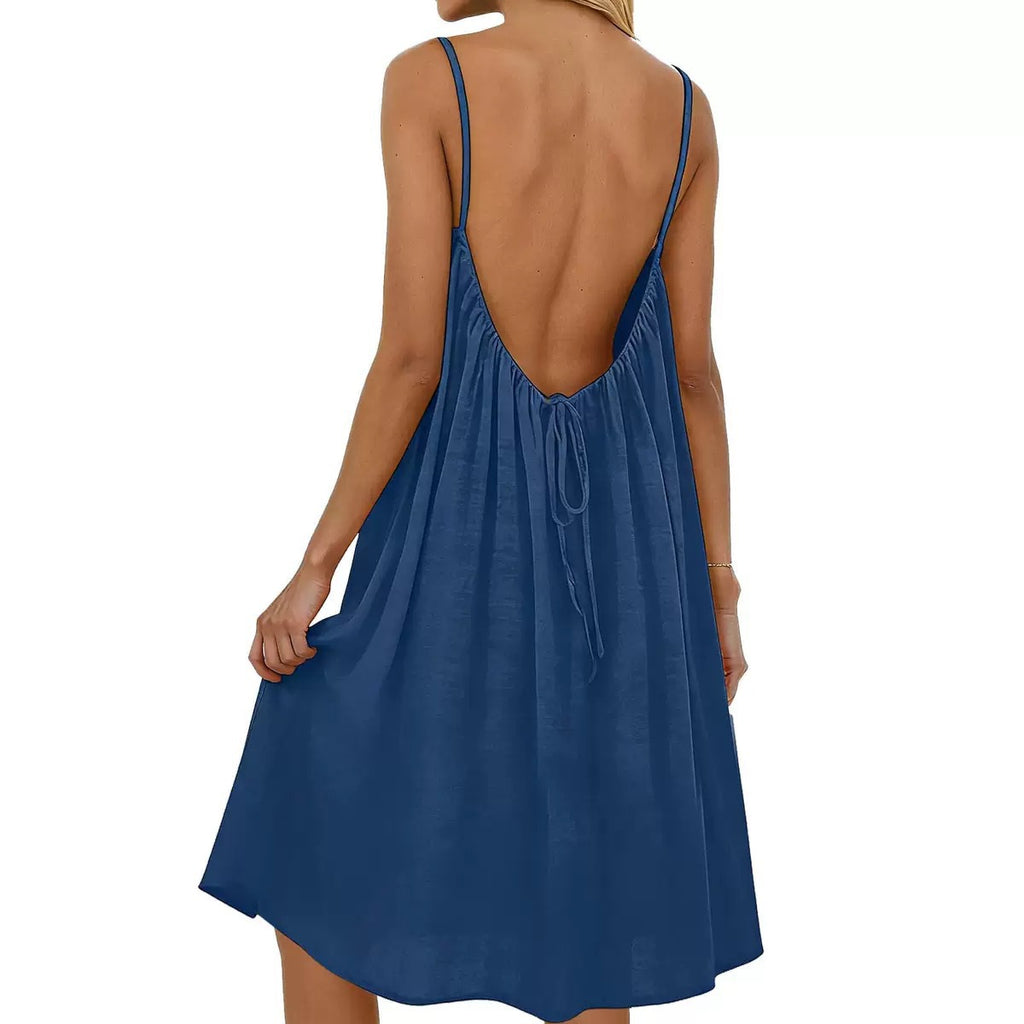 Robe moulante d'été sans manches de couleur unie avec bretelles fines et dos nu pour femme - Tenue décontractée de soirée pour le quotidien et les vacances
