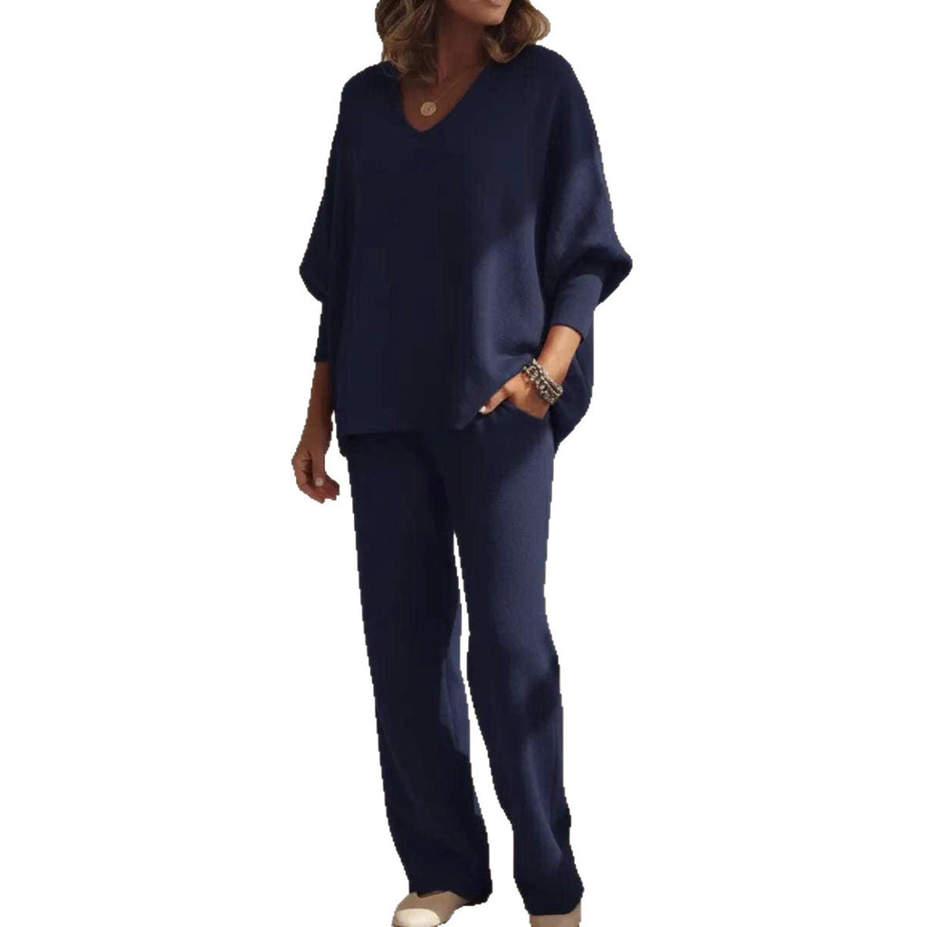 Ensemble 2 pièces tricoté : haut à manches longues col en V et pantalon décontracté