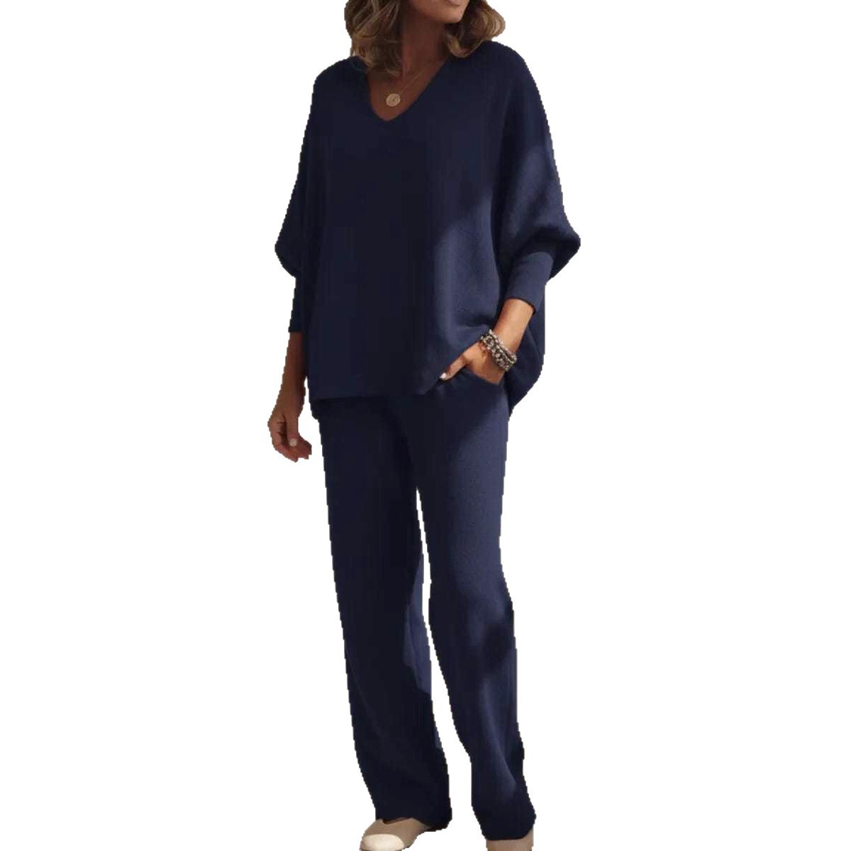 Ensemble 2 pièces tricoté : haut à manches longues col en V et pantalon décontracté