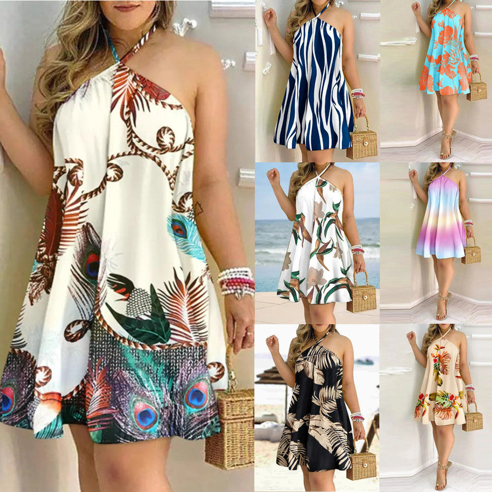 Robe Imprimée Été Épaules Dénudées Col Suspendu Sans Manches Robes Sexy Femme