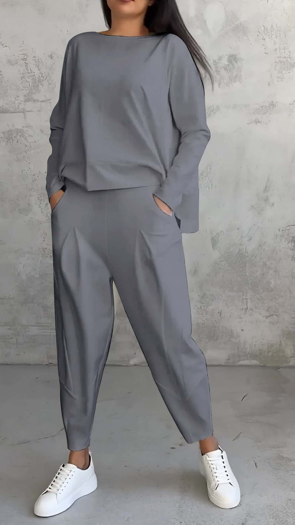 Ensemble tailleur irrégulier femme - Haut à manches longues et col rond et pantalon sarouel ample avec poches - Vêtements pour femmes style Ins