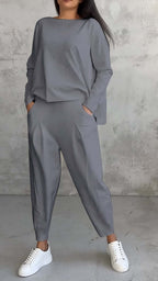 Ensemble tailleur irrégulier femme - Haut à manches longues et col rond et pantalon sarouel ample avec poches - Vêtements pour femmes style Ins
